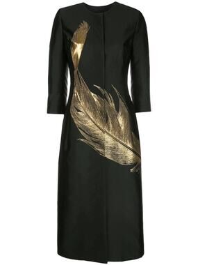 Oscar de la Renta Black Gold Metallic Feather Silk Blend Collarless Coat Jacket
